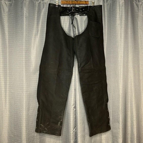 RIVER ROAD BLACK LEATHER MENS CHAPS - Picture 1 of 14